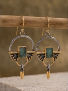 1 Pair Vintage Dual-Tone Gold & Silver Geometric Open Hoop Pendant Earrings, Inlaid Rectangular Green Rhinestone Long Hook Earrings, Bohemian Vintage Statement Jewelry, Suitable For Daily Wear, Party, Gift - Multicolor - View 2