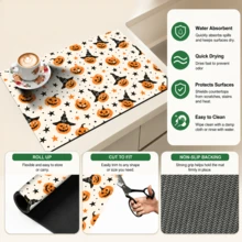 1pc Pumpkin Pattern Printed Diatomaceous Earth Kitchen Drain Mat, Halloween, Can Be Used As Halloween Gift, Halloween Decoration, Absorbent Dish Drying Mat, Coffee Machine Mat, Dishwashing Mat, Sink Mat, Kitchen Countertop Protection Mat, Suitable For Cups, Plates, Tableware And Kitchen Decoration - Multicolor - View 11