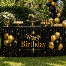 Black & Gold Birthday Table Skirt With Balloon And Crown Print, Birthday Party Decoration, Elegant Polyester Tablecloth, Suitable For Adult Birthday, Milestone Celebration, Dessert Table And Event Decor - A - View 3