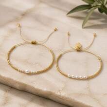 2PCS Women's Elegant Style 18K Gold Plated Copper, Faux Pearl Beaded Adjustable Bracelet Daily Accessory - Multicolor - View 4