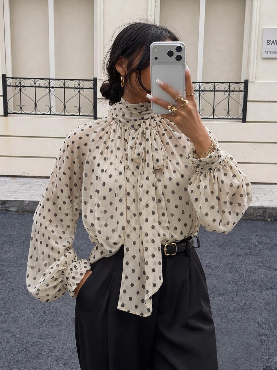 Women's Polka Dot Print Tie Neck Blouse - Apricot - View 1