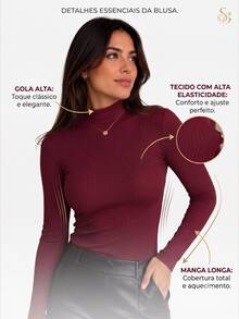Blusa Feminina Canelada Gola Alta Manga Longa - Preto - Visão 3
