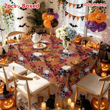 1/2pcs Halloween Tablecloth, Halloween Theme Skull Rose Pumpkin Pattern Polyester Tablecloth Suitable For Dining Table, Kitchen, Coffee Table, Picnic, Camping, Country Farmhouse Decor, Holiday Tabletop Protection - Multicolor - View 15