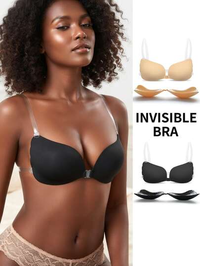 2/1-Pack Adhesive Invisible Push-Up Bra With Clear Straps – Washable, Ideal For Backless Dresses