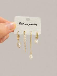 4pcs/Set Fashion Brass KC Gold Plated Baroque Pearl Earrings, Suitable For Daily Wear - Gold - View 4