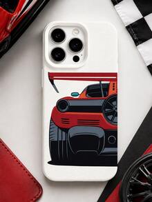 1PC Flat Vector Red Sports Car Rear Wing Racing Phone Case Compatible With IPhone 17 16 15 14 13 Pro Max, Leather Texture Anti-Drop Phone Case For Car Enthusiasts - Beige - View 1