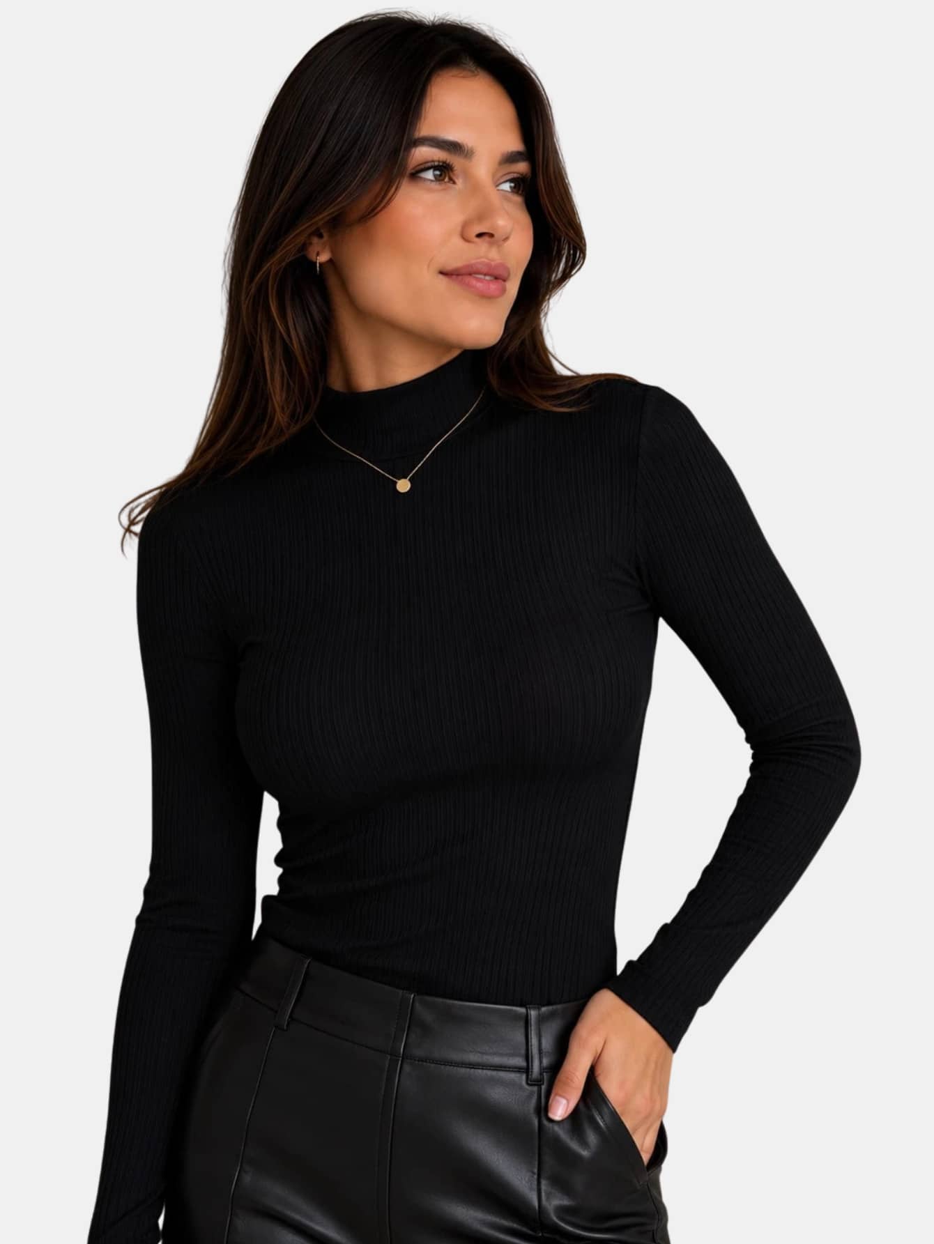 Blusa Feminina Canelada Gola Alta Manga Longa - Preto - Visão 1