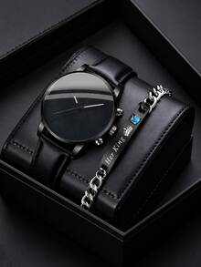 2pcs Minimalist Men's Quartz Watch And Her King Engraved Chain Bracelet Set, Pure Black Dial Leather Strap Watch, Men's Daily Decorative Jewelry - Multicolor - View 2