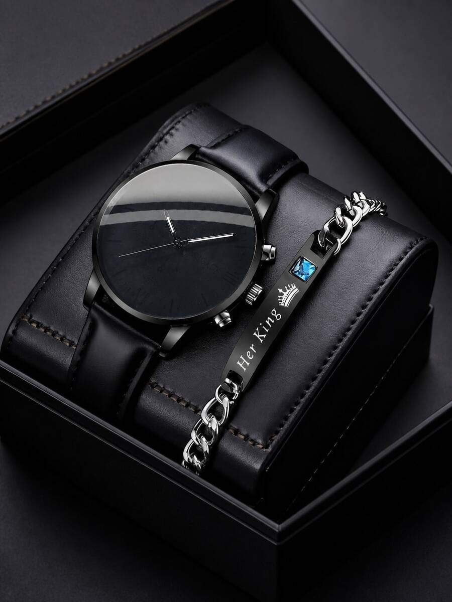 2pcs Minimalist Men's Quartz Watch And Her King Engraved Chain Bracelet Set, Pure Black Dial Leather Strap Watch, Men's Daily Decorative Jewelry