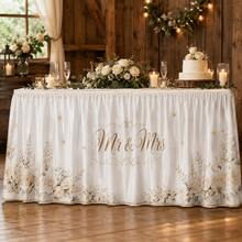 Mr And Mrs Wedding Table Skirt With White Floral Print, Elegant Polyester Table Cover For Wedding Reception, Bridal Shower, Sweetheart Table, Dessert Table Decoration And Romantic Event Decor - A - View 3