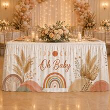 Oh Baby Bohemian Rainbow Moon Print Table Skirt, Neutral Baby Shower Party Polyester Tablecloth, Suitable For Gender Reveal, Welcome Baby Party, Dessert Table Decor And Bohemian Style Nursery Celebration - A - View 5
