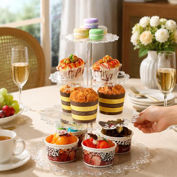 Suport transparent din acrilic pentru cupcake cu 4/3 etaje, raft rotund pentru expunerea deserturilor cu margini dantelate, suport transparent pentru cupcake, tavă de servire ușor de asamblat, potrivit pentru nuntă, petrecere de zi de naștere, bufet, gogoși, bomboane, fructe, decorare și expunere de patiserie