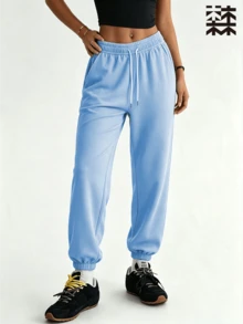 mulinsen Women's Solid Color Sports Joggers, Drawstring Elastic Waist, Cuffed Hem, Side Pockets, Soft Fabric, Fitness Workout - Blue - View 2