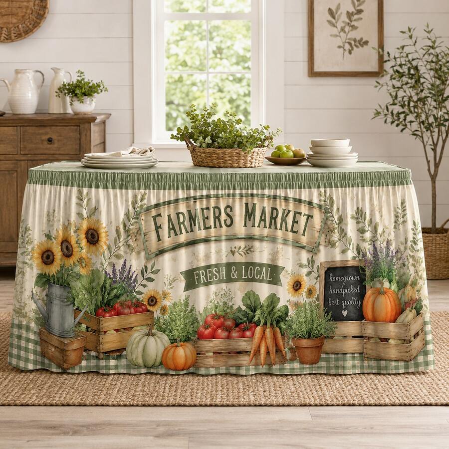 Farmers Market Table Skirt, Sunflower Vegetable Pumpkin Print, Country Farmhouse Style Polyester Tablecloth, Suitable For Harvest Party, Kitchen Decor, Autumn Celebration, Country Events And Market Theme Decoration - A - View 1