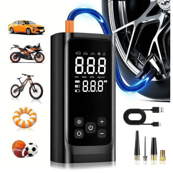 Multifunctional Portable Wireless Tire Inflator, 150PSI Rechargeable Air Pump, Suitable For Car Tires, With LED Light, Auto-Stop And Digital Tire Pressure Gauge, Suitable For Motorcycles, Bicycles And Balls