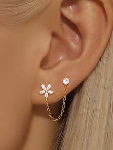 1pc S925 Sterling Silver Double Piercing Chain Flower Stud Earrings For Women, Delicate Niche Design, Sweet Elegant Luxury Style, Personalized Layered Wear, Fashion Daily Commute Date Gentle Atmosphere Accessory - Flowers - View 2