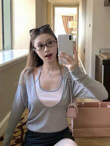 Women's Korean Style Fashion Contrast Color 2 In 1 Long Sleeve Top - Grey - View 1