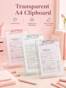 1pc Multicolor Transparent Acrylic A4 Clipboard, Built-In Ruler And Pen Clip, Hanging Hole Document Writing Board, Practical Gift, Study And School Supplies, Popular Desktop Office File Storage Organizer - Multiple Styles - View 1