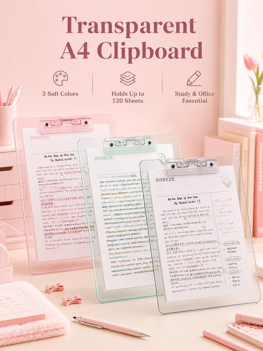 1pc Multicolor Transparent Acrylic A4 Clipboard, Built-In Ruler And Pen Clip, Hanging Hole Document Writing Board, Practical Gift, Study And School Supplies, Popular Desktop Office File Storage Organizer - Multiple Styles - View 1