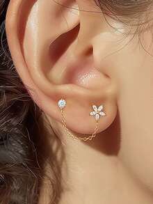 1pc S925 Sterling Silver Double Piercing Chain Flower Stud Earrings For Women, Delicate Niche Design, Sweet Elegant Luxury Style, Personalized Layered Wear, Fashion Daily Commute Date Gentle Atmosphere Accessory - Flowers - View 8