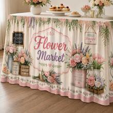 Vintage Floral Market Table Skirt, Printed Garden Pattern, Romantic Country Style Polyester Tablecloth, Suitable For Garden Party, Bridal Shower, Spring Event, Afternoon Tea And Wedding Decor - A - View 9
