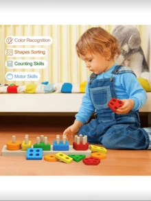 5pcs/Set Wooden Geometric Shape Blocks, Color-Coded Number Blocks, Montessori Early Education Toys For Children 3 Years Old And Above - Multicolor - View 3