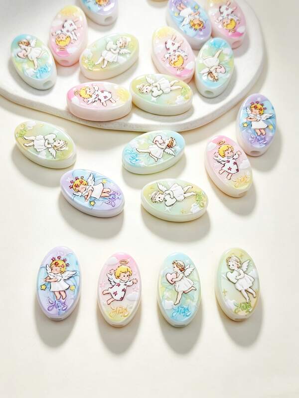 6pcs 3D Embossed Printed Angel Beads, Cute Angel Oval Beads, DIY Jewelry Making And Decoration Beads, Can Be Used For Necklace, Phone Chain, Keychain, Bag Decoration, Women's Jewelry Making Accessories
