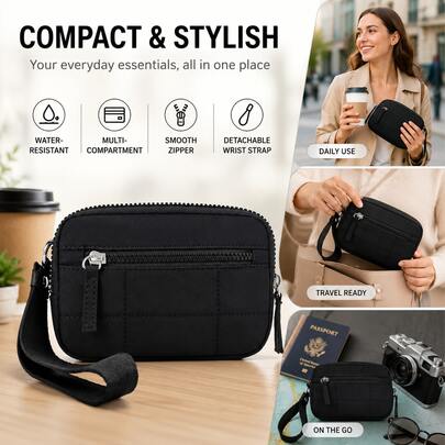 1pc Small Nylon Wristlet Wallet Phone Pouch 3 Zipper RFID Card Holder Sleek Travel Everyday Use Cellphone Organizer Clutch Purse Multi-Compartment