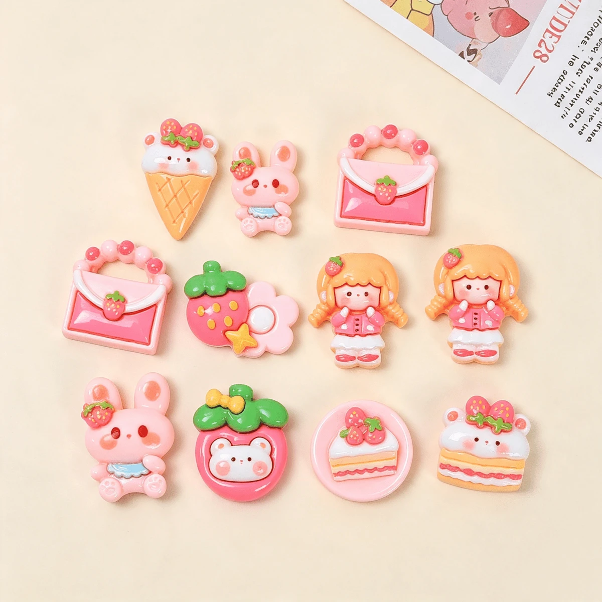 6/12/18pcs Aksesoris Liontin Resin Kelinci Stroberi Lucu untuk DIY, Cocok untuk Kerajinan Tangan DIY, Jepit Rambut, Bahan Dekorasi Pembuatan Perhiasan Scrapbooking - Campuran Acak - Tema Surga Stroberi - View 1