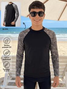 Blusa Menino Adolescente Manga Estampada Praia e Piscina Proteção Solar UV50+ Lavin Basic 15-ME - Fundo cinza - Visão 1