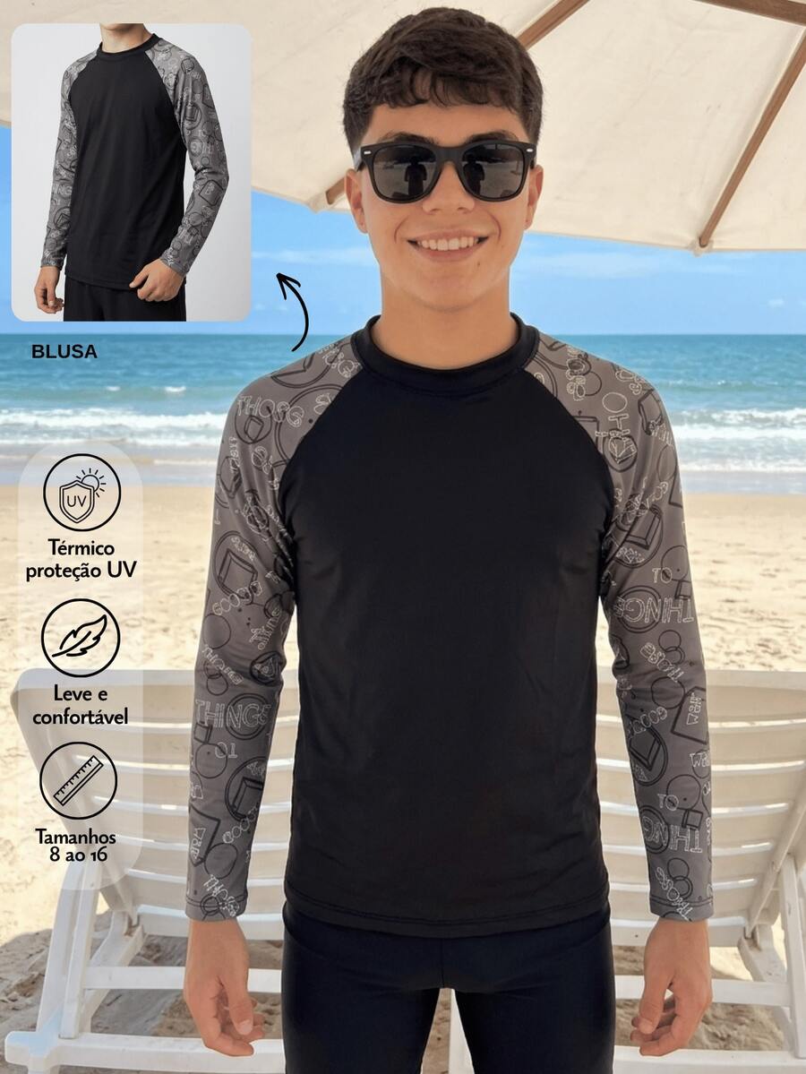 Blusa Menino Adolescente Manga Estampada Praia e Piscina Proteção Solar UV50+ Lavin Basic 15-ME - Fundo cinza - Visão 1