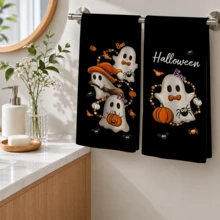 2pcs Black Beads Pumpkin Halloween Kitchen Towels, Farmhouse Bat Spider Decorative Hand Towel Set - Multicolor - View 2