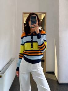 SEREN Autumn New Colorblock Striped Polo Collar Knit Sweater Women's Casual Commute Long Sleeve - Multicolor - View 3