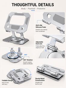 1pc 360° Rotating Adjustable Tablet Stand, Foldable Height Adjustable Desktop Phone And Tablet Holder, Multi-Angle Metal Stand, Compatible With IPad, Smartphones, Home Office, Reading And Video Calls - Rotating Flat Stand YIN - View 2