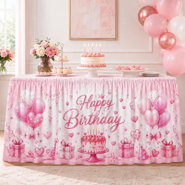 Pink Happy Birthday Table Skirt With Balloon, Heart, Gift Box And Cake Print, Sweet Polyester Party Table Cover For Girls Birthday, Baby Shower, Dessert Table Decoration And Princess Celebration