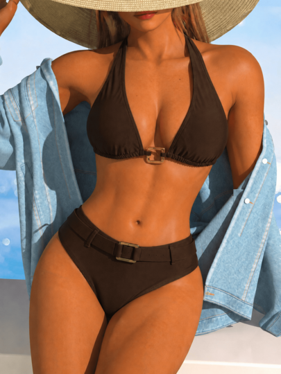Women's Halter Bikini Set With Tie-Up High Waist Swim Bottoms, Elegant Brown Swimsuit For Beach Vacation And Party