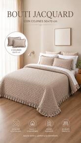 Colcha Bouti Jacquard Acolchada con Volantes y 2 Fundas de Cojín 50x70 cm Sin Relleno, Cubrecama Suave y Elegante, Colcha Decorativa para Dormitorio, Ideal para Primavera, Verano y Entretiempo - Beis - Ver 1
