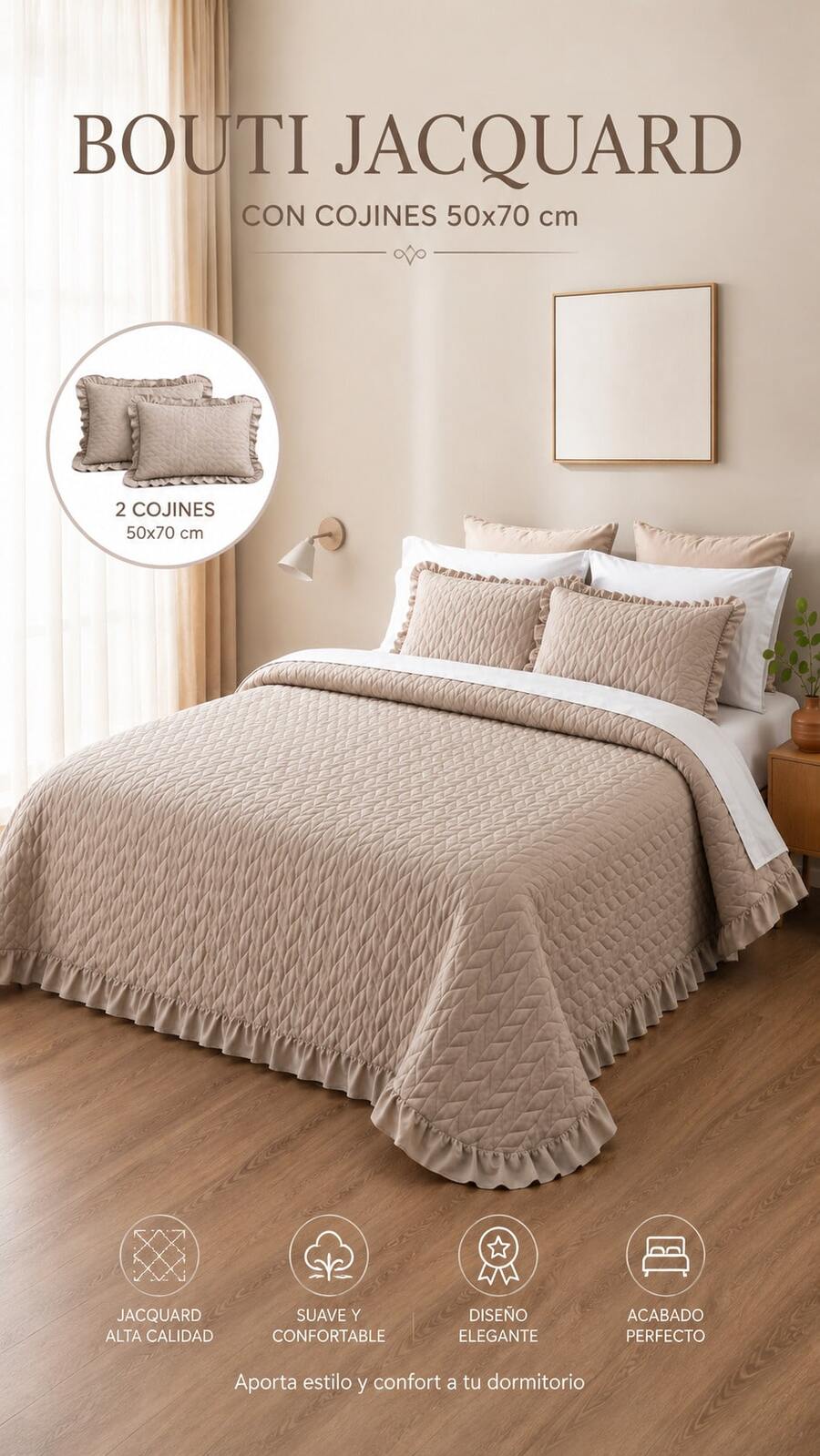 Colcha Bouti Jacquard Acolchada con Volantes y 2 Fundas de Cojín 50x70 cm Sin Relleno, Cubrecama Suave y Elegante, Colcha Decorativa para Dormitorio, Ideal para Primavera, Verano y Entretiempo - Beis - Ver 1
