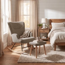 Goeurvant Scandinavian Minimalist Nursery Rocking Chair And Accent Armchair With Footstool Textured Fabric Sand Ergonomic High Wide Back Thick Padding Non Slip Pads For Relaxing Breastfeeding Living Room And Nursery - Sand Textured Fabric - View 7
