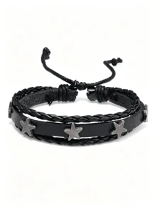 Rivet PU Leather Bracelet Set, Dark Punk Rock Style Wrist Accessory, Featuring Pyramid Studs, Round Rivets, Braided Rope, Chain And Skull Decor, Suitable For Music Festivals, Daily Street Wear And Gothic Theme Parties, Snap Button Adjustable For Multi-Style Layering To Create Cool Looks, Premium Holiday Gift For Lovers, Halloween Bracelet Accessory - Black - View 6