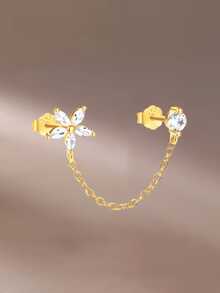 1pc S925 Sterling Silver Double Piercing Chain Flower Stud Earrings For Women, Delicate Niche Design, Sweet Elegant Luxury Style, Personalized Layered Wear, Fashion Daily Commute Date Gentle Atmosphere Accessory - Flowers - View 3