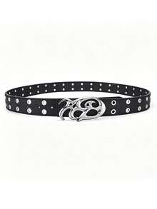 New Y2K Hollow PU Leather Punk Belt, Unisex, Vintage Luxury Asymmetrical Alloy Buckle Belt, Suitable For Daily And Formal Occasions, Perfect Gift Choice - Silver Buckle Black - View 7