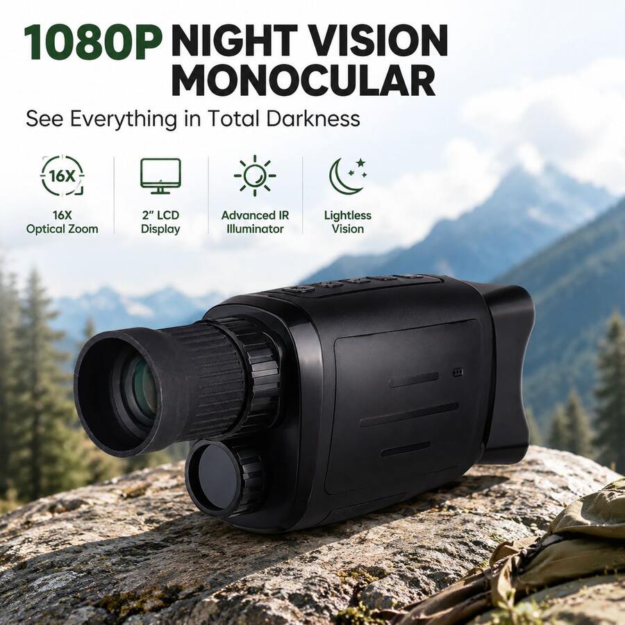 Monokular Penglihatan Malam 1080P - Zoom Optik 16X & Layar LCD 2", Illuminator IR Canggih Memungkinkan Penglihatan Tanpa Cahaya dalam Kegelapan Total, Ideal untuk Berburu & Berkemah & Pengawasan - View 1
