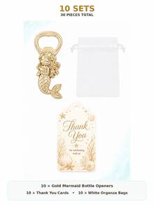 30pcs/10sets Gold Metal Mermaid Bottle Opener Party Favors, Includes Thank You Cards And Organza Bags, Under The Sea Theme Baby Shower Guest Gifts - Ocean - View 12