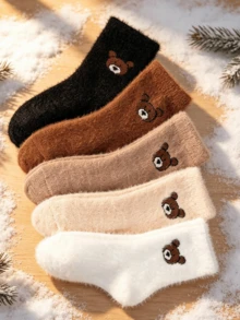 5 Pairs Cute Bear Kids Mid-Calf Socks, Warm & Soft, Earth Tone, Winter Toddler Warm Socks - Multicolor - View 1