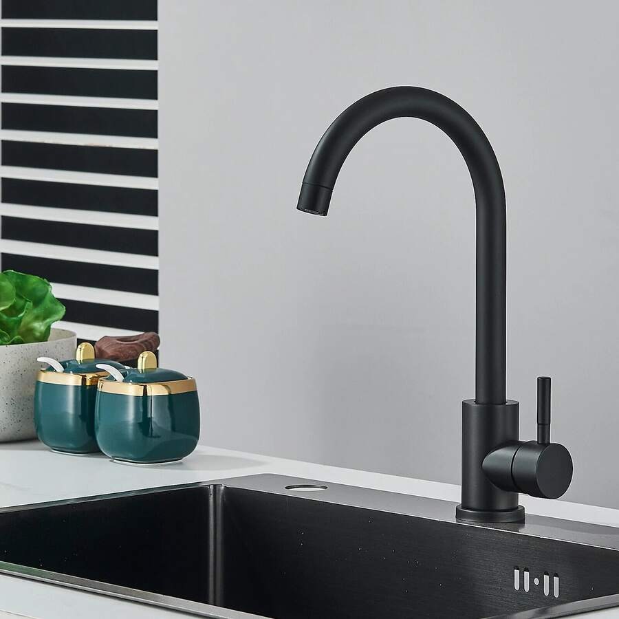 LY Modern Black Kitchen Faucet, 360° Rotatable Single-Handle Mixer Faucet Matte Black High-Arc Single Handle Kitchen Faucet – Modern Minimalist Design, 360° Swivel, Universal Sink Compatibility - Negro - Ver 1