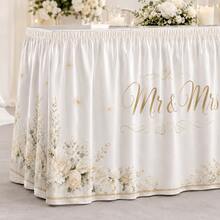 Mr And Mrs Wedding Table Skirt With White Floral Print, Elegant Polyester Table Cover For Wedding Reception, Bridal Shower, Sweetheart Table, Dessert Table Decoration And Romantic Event Decor - A - View 7