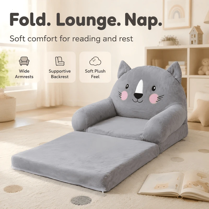 Foldable Sofa Bed – Cartoon-Style Sofa With Wide Armrests, Breathable Plush Fabric, Double-Layer Design, Suitable For Family Bedrooms. - Grey - View 1
