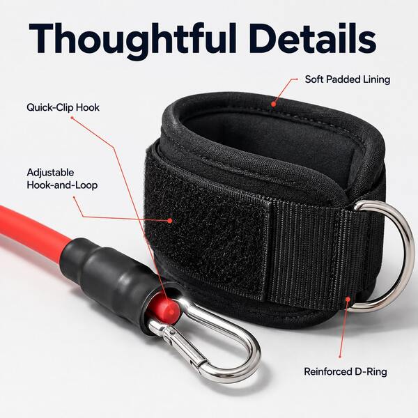 BSKT 6pcs Double Ankle Strap Resistance Training Set For Adults Men And Women Home And Gym Workout Metal D-Ring Quick Release 3-Level Tension Bands For Glutes Thighs Legs Kickbacks And Lunges