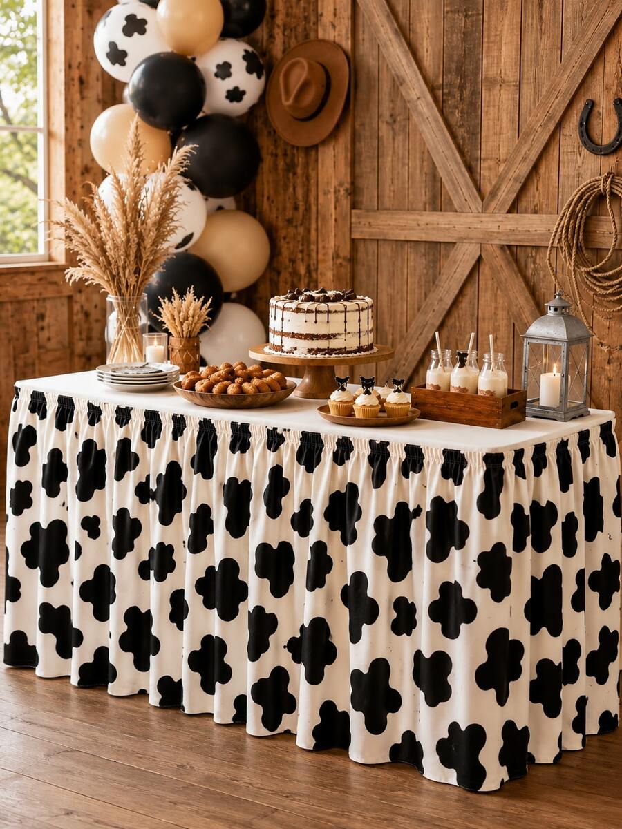 Black And White Cow Print Ruched Table Skirt, Western Cowboy Farm Animal Theme Buffet Table Cover, Suitable For Rodeo Birthday Party, Baby Shower, Wedding Reception, Dessert Table And Country Barn Event Decoration - Multicolor - View 1